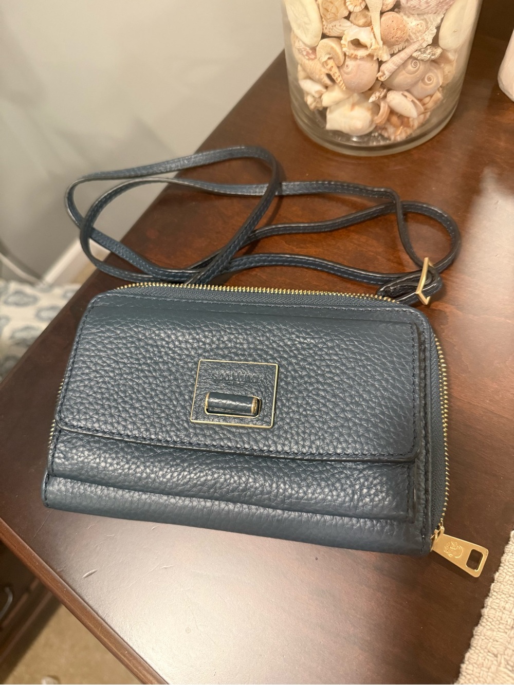 Spartina 449 Navy Pebbled Leather Crossbody Wallet with Gold Trim